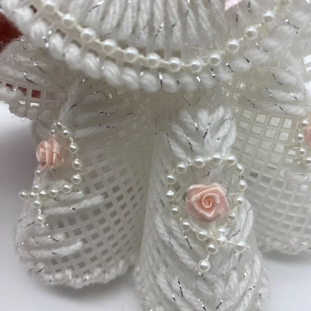 Vintage Handmade Christmas Angel White pink rosettes Blonde rubber face ornament